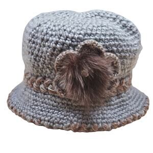 Thick knit lined Winter Hat Fur Rhinestone trim One Size Grey knit Brown trim